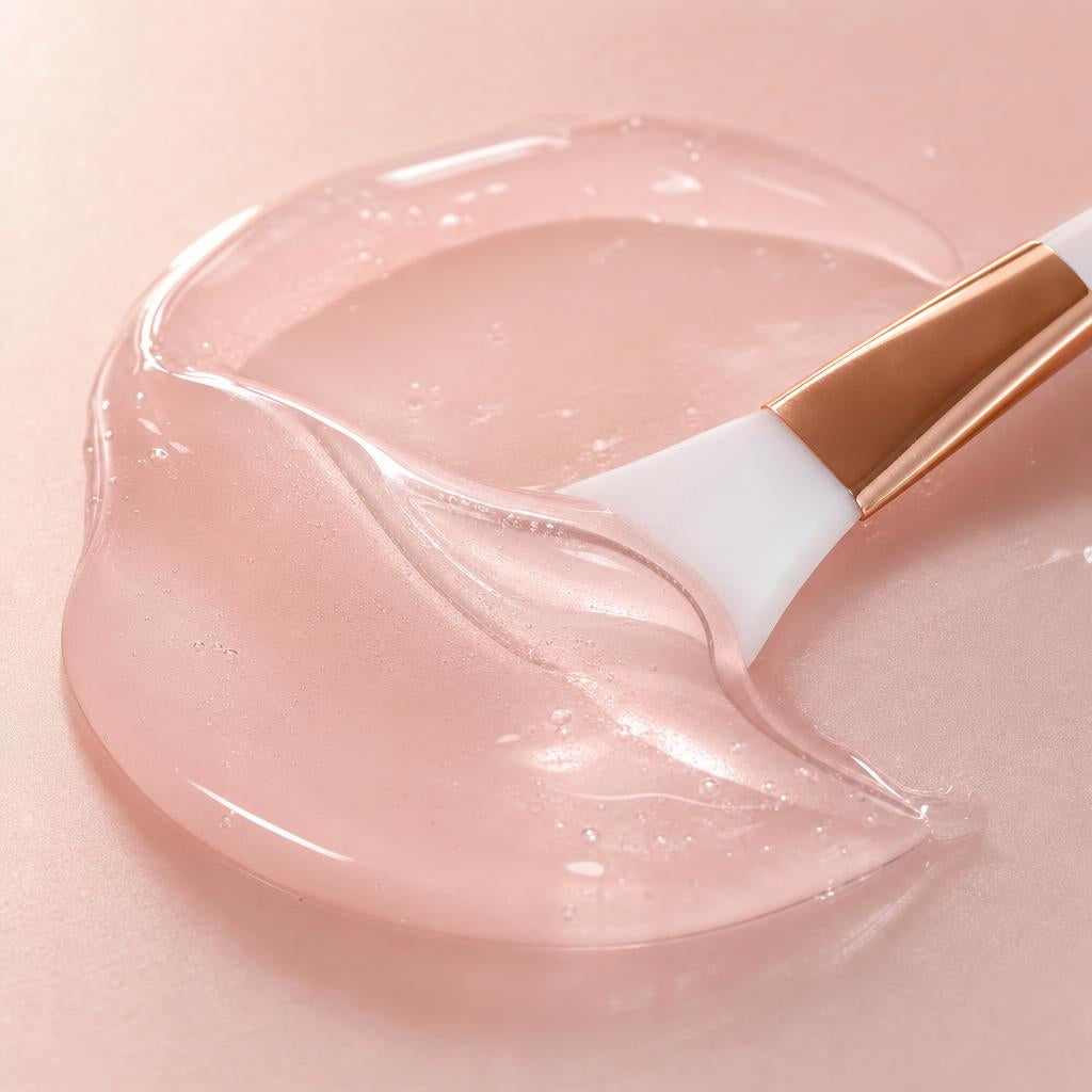 Close-up of the glossy pink collagen gel texture with the applicator brush