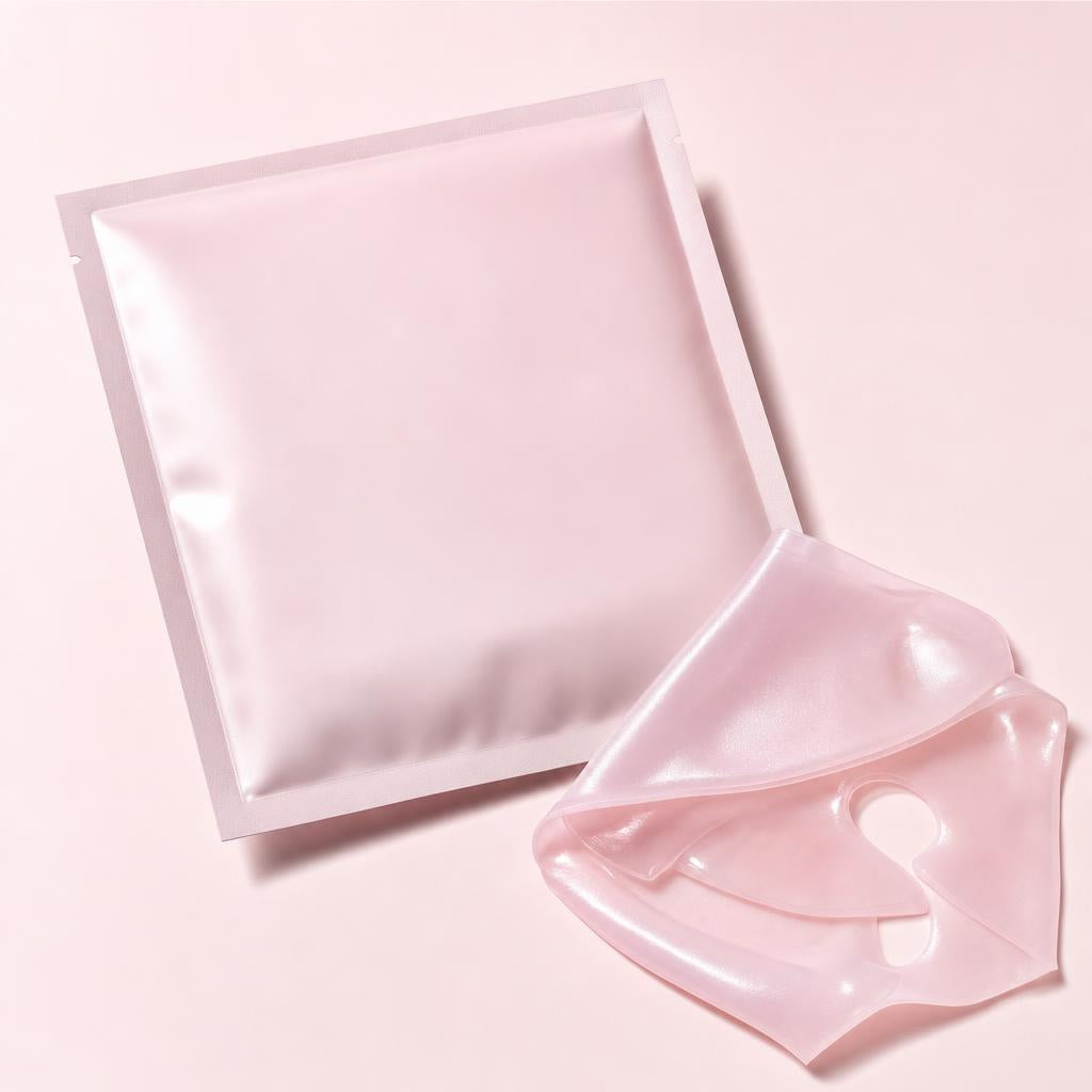 Pink collagen hydrogel sheet mask beside its sealed foil sachet